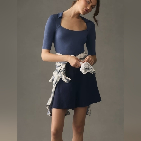 Anthropologie Collared Square Neck Tee in Navy Blue Size XL NWT - Picture 3 of 8